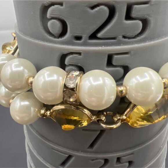 Vintage Napier Double Strand Bracelet Faux Pearl Yellow Crystal Gold Tone 6.5" - Picture 5 of 8